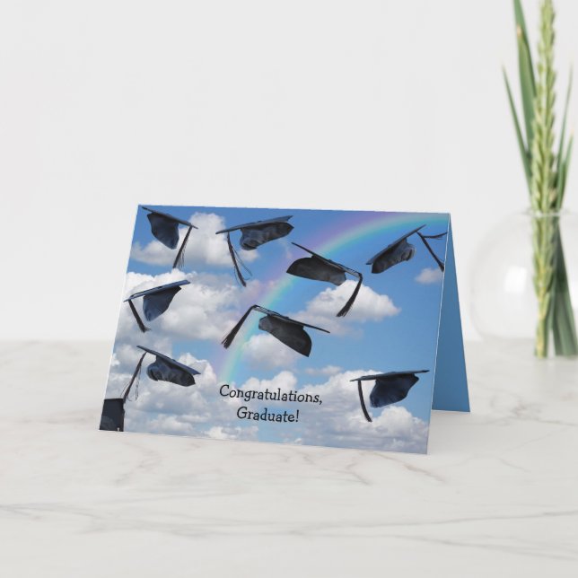 Black graduations caps in sky with rainbow card (Front)