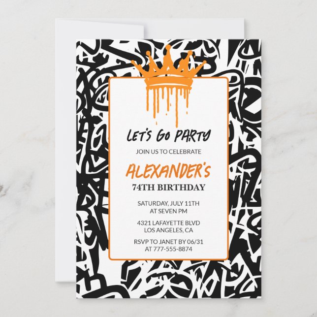 Black Graffiti Men 74th birthday invitation   (Front)