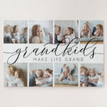 Black | Grandkids Make Life Grand Photo Collage Jigsaw Puzzle<br><div class="desc">Create a sweet gift for a beloved grandma or grandpa with this beautiful photo collage plaque. "Grandkids make life grand" appears in the centre in black and grey calligraphy script lettering. Customize with eight photos of their grandchildren.</div>