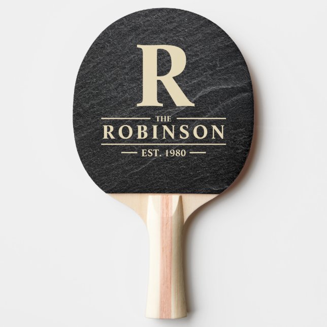 Black Granite Stone Family Name & Initial Ping Pong Paddle (Front)