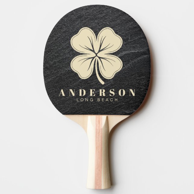 Black Granite Stone Four Leaf Clover with Name Ping Pong Paddle (Back)