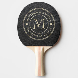 Black Granite Stone Wedding Monogram Heart Ping Pong Paddle