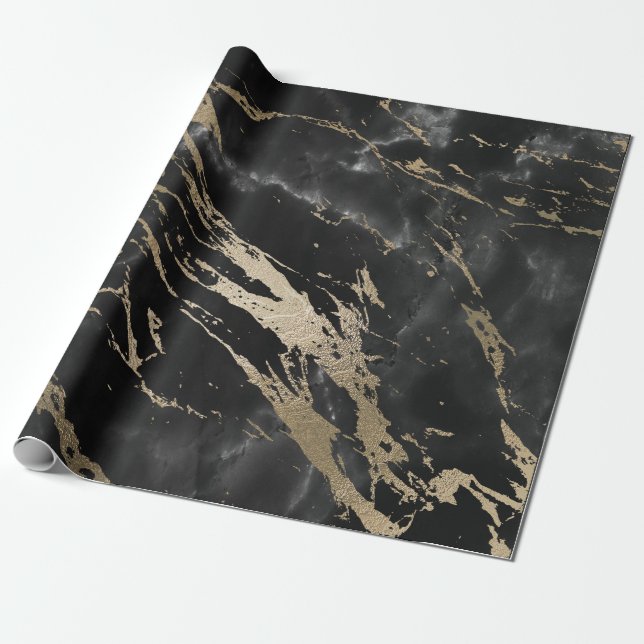 Black Graphite Deluxe Gold Marble Shiny Glam Wrapping Paper (Unrolled)