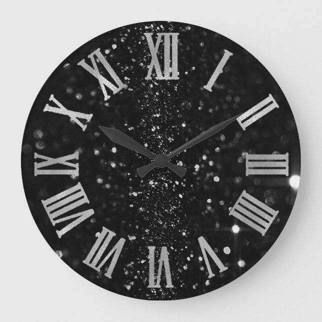 Black Graphite Glitter Grey Roman Numbers Large Clock (Front)