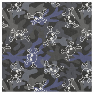 Black Gray Blue Camo Pattern Skulls Fabric