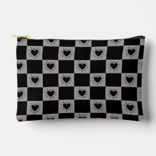 Black&Gray Checkered Tile With Hearts Pattern Accessory Pouch