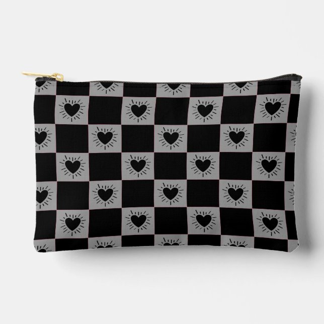 Black&Gray Checkered Tile With Hearts Pattern Accessory Pouch (Front)