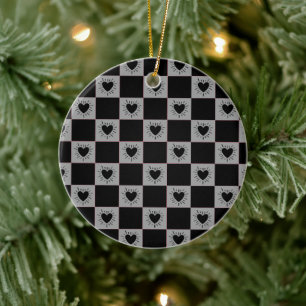 Black&Gray Checkered Tile With Hearts Pattern Ceramic Ornament