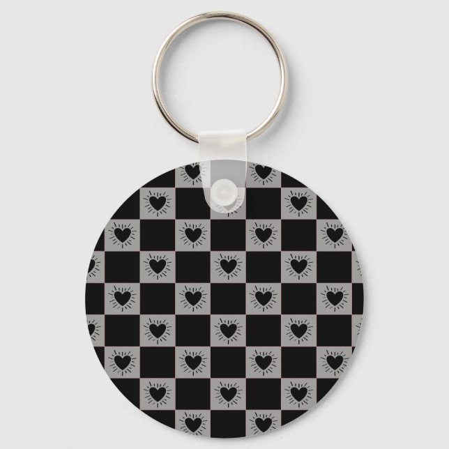 Black&Gray Checkered Tile With Hearts Pattern Keychain (Front)