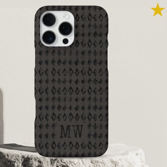 Black Gray Doodle Diamond Pattern Custom Monogram iPhone Case (Creator Uploaded)