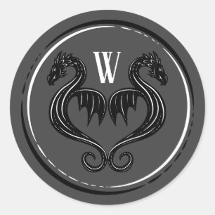 Black Gray Dragon Monogram Fantasy Wedding  Classic Round Sticker