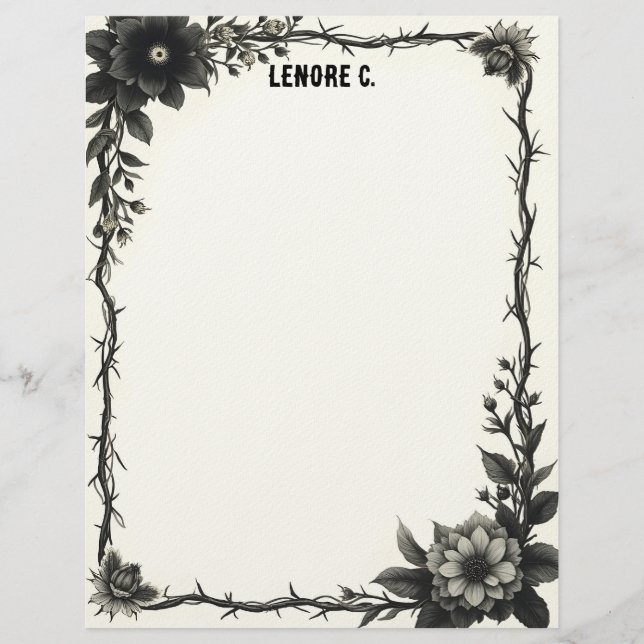 Black & Gray Flowers Thorny Frame Stationery Paper (Front)