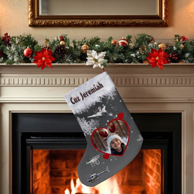 Black Gray Jet Drone Aerial Flight Lovers Photo Small Christmas Stocking (Personalized name and photo stocking for kids who like aeronautics with jet, drone, and helicopter)
