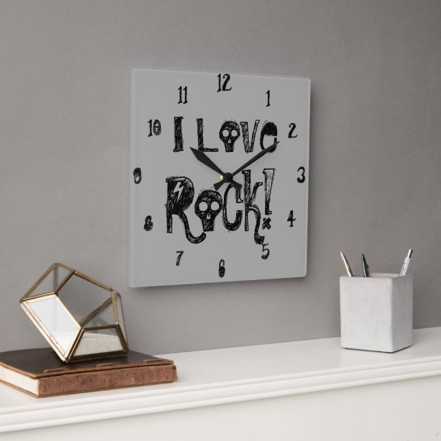 Black Gray Love Rock Skulls Cool Numerals Square Wall Clock (Office)