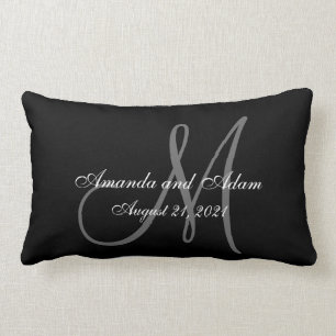 Black Gray Monogram Wedding Lumbar Pillow
