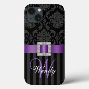 Black Gray Purple Damask Stripes Pattern iPhone 13 Case