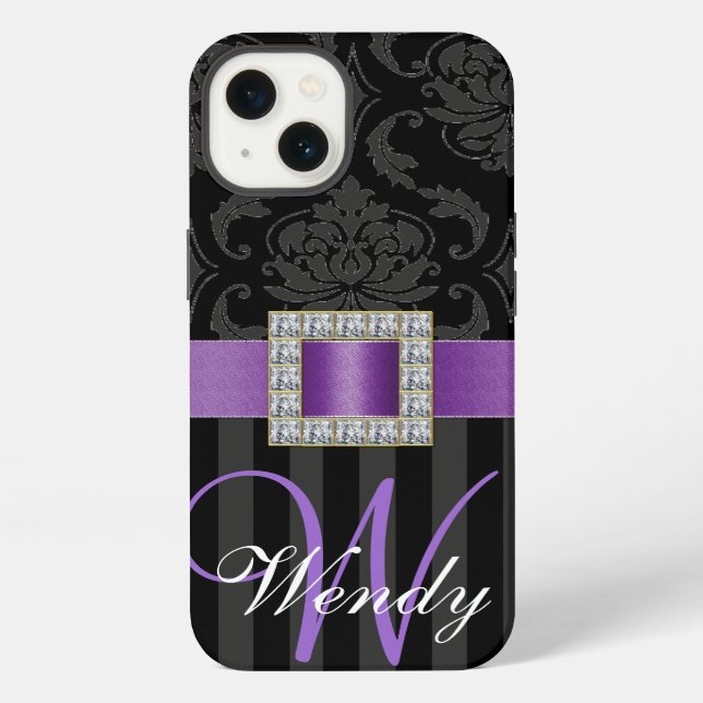 Black Gray Purple Damask Stripes Pattern iPhone Case (Back)
