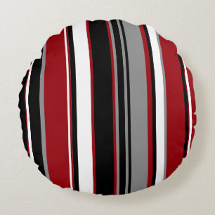 Black, Gray Red and White Stripes   Round Pillow