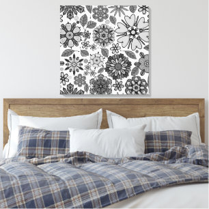 Black Gray White Retro Floral Art Seamless Pattern Canvas Print