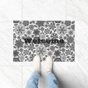 Black Gray White Retro Floral Art Seamless Pattern Doormat