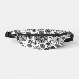 Black Gray White Retro Floral Art Seamless Pattern Fanny Pack