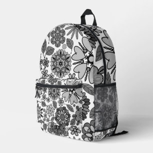 Black Gray White Retro Floral Art Seamless Pattern Printed Backpack