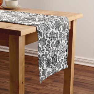 Black Gray White Retro Floral Art Seamless Pattern Short Table Runner