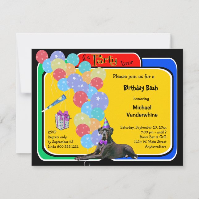 Black Great Dane Birthday Barker Invitation (Front)