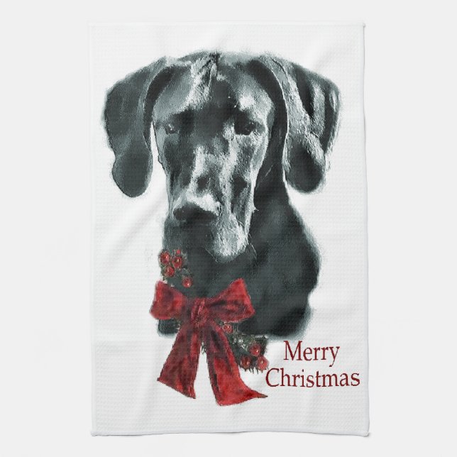 Black Great Dane Christmas Kitchen Towel (Vertical)