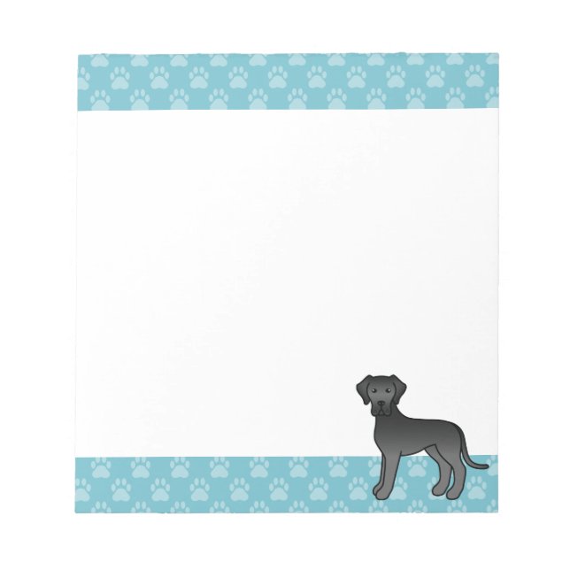 Black Great Dane Dog Illustration And Blue Borders Notepad (Front)