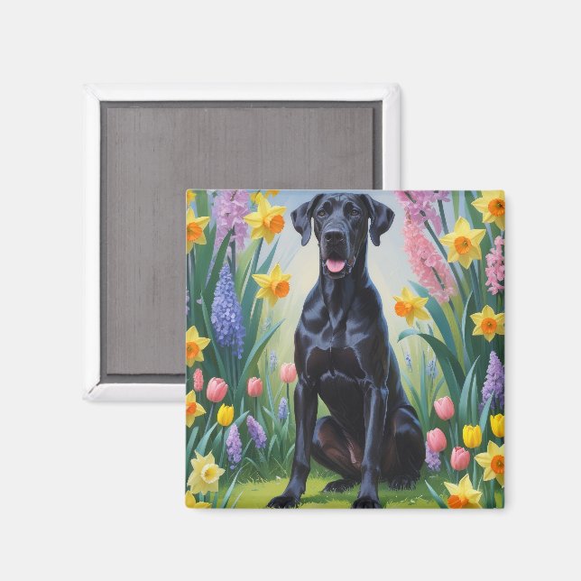 Black Great Dane Dog Spring Flowers Painting Magnet (Front/Back)