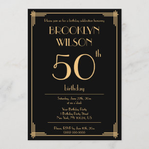 Black Great Gatsby Art Déco Invitations de fête d'