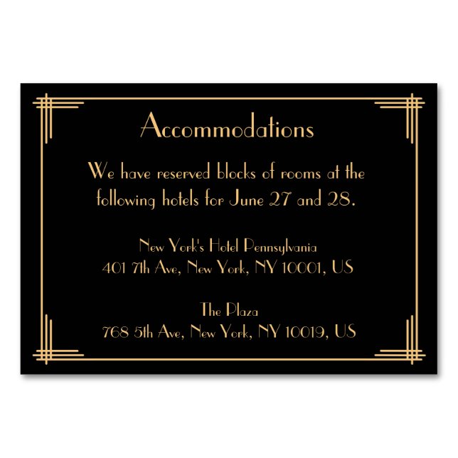 Black Great Gatsby Art Deco Wedding Accommodations Table Number (Front)