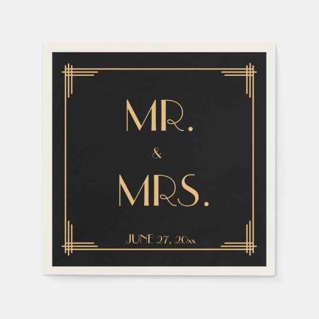 Black Great Gatsby Art Deco Wedding Napkins (Front)