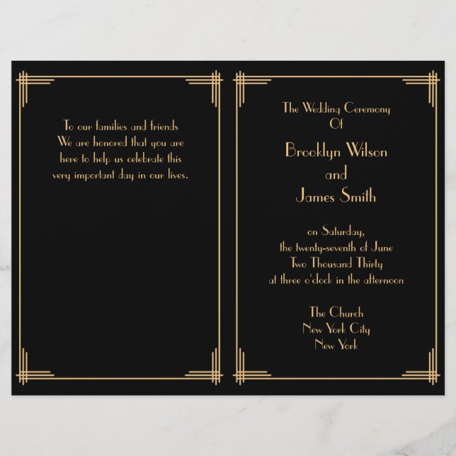 Black Great Gatsby Art Deco Wedding Program (Front)
