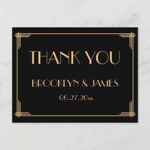 Black Great Gatsby Art Deco Wedding Thank You Postcard