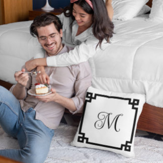 Black Greek Key Border Monogram Throw Pillow