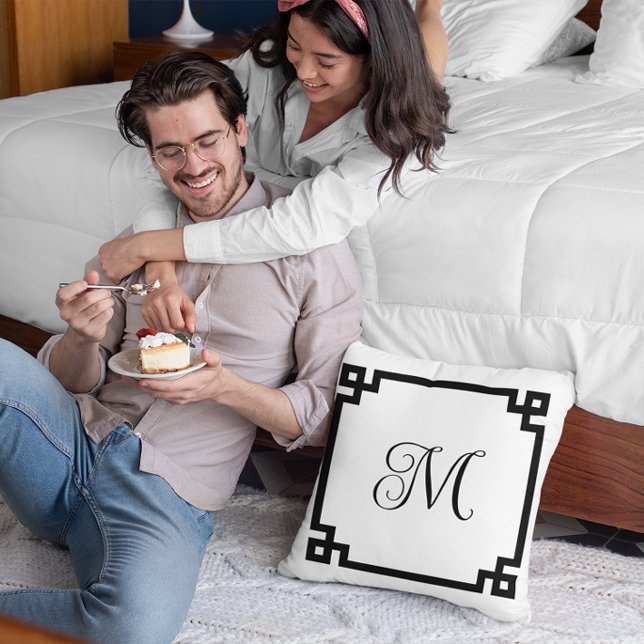 Black Greek Key Border Monogram Throw Pillow (Create your own monogrammed Greek Key border square throw pillow.)