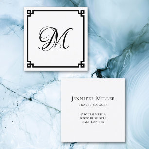 Black Greek Key Calligraphy Monogram Square Business Card