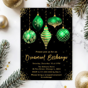 Black, Green and Gold Ornament Exchange Party Invitation