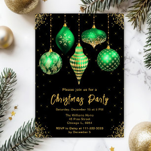 Black, Green and Gold Ornaments Christmas Party Invitation