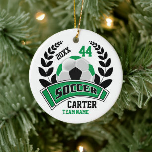 Black, Green and White Personalize Soccer  ⚽ Ceramic Ornament