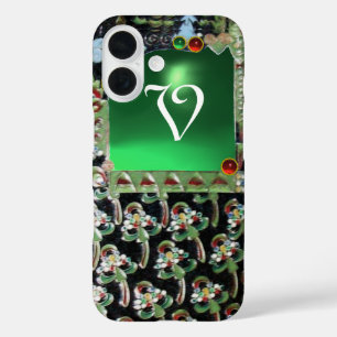 BLACK GREEN  ART NOUVEAU GEMSTONE MONOGRAM Emerald iPhone 16 Case