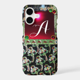 BLACK GREEN ART NOUVEAU GEMSTONE MONOGRAM,Red Ruby