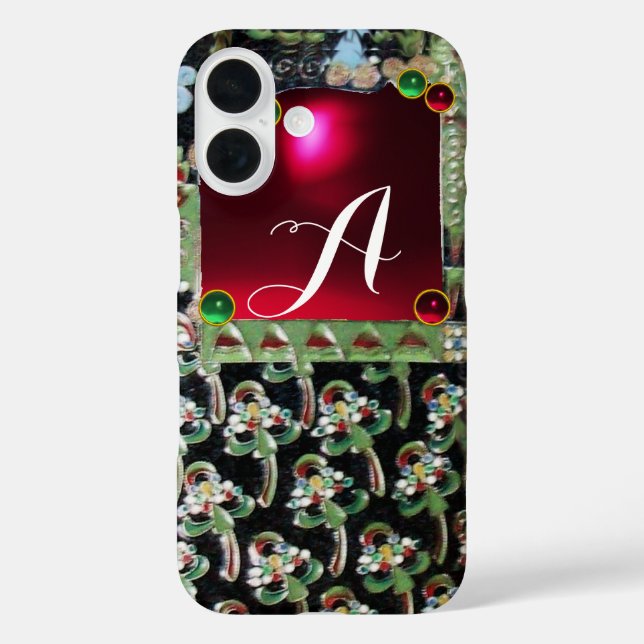 BLACK GREEN ART NOUVEAU GEMSTONE MONOGRAM,Red Ruby Case-Mate iPhone Case (Back)