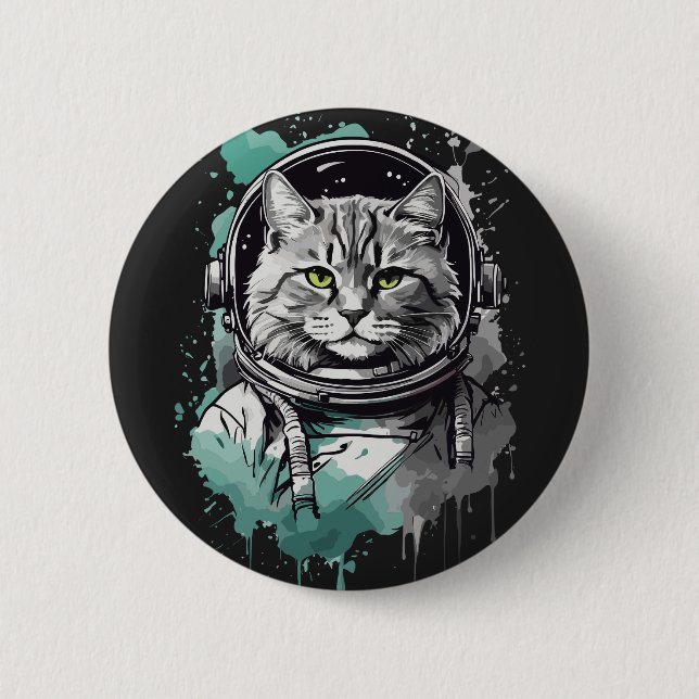 Black Green Astronaut Cat Design 2 Inch Round Button (Front)