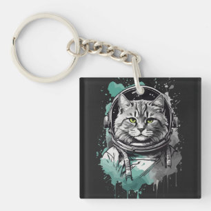 Black Green Astronaut Cat Design Keychain