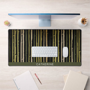 Black Green Bambo Stripes Pattern Minimalist Desk Mat