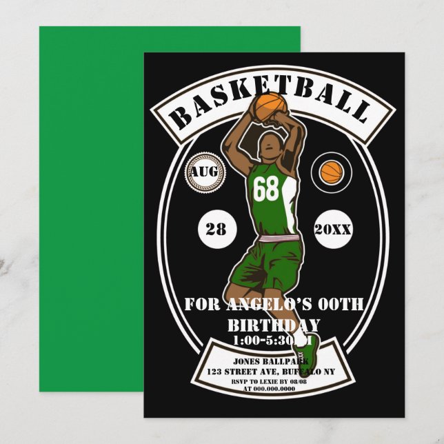 Black Green Basketball Invitations de fête d'anniv (Devant / Derrière)