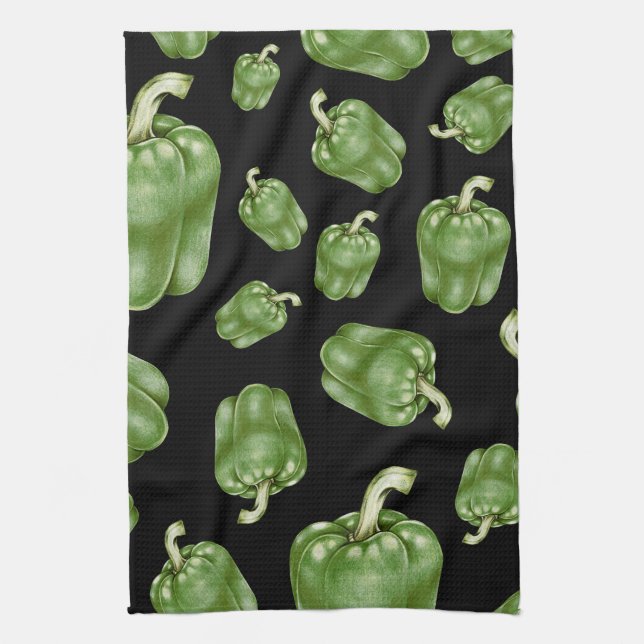 Black & Green Bell Pepper Pattern Kitchen Towel (Vertical)